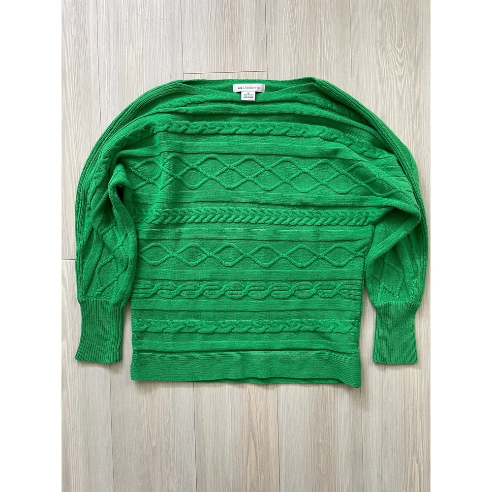 Liz Claiborne Women's Green Cableknit Pullover Sweater Size M Preppy Holidays